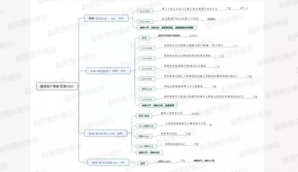 赵阳百度竞价培训课程中某项目账户策略的思维导图