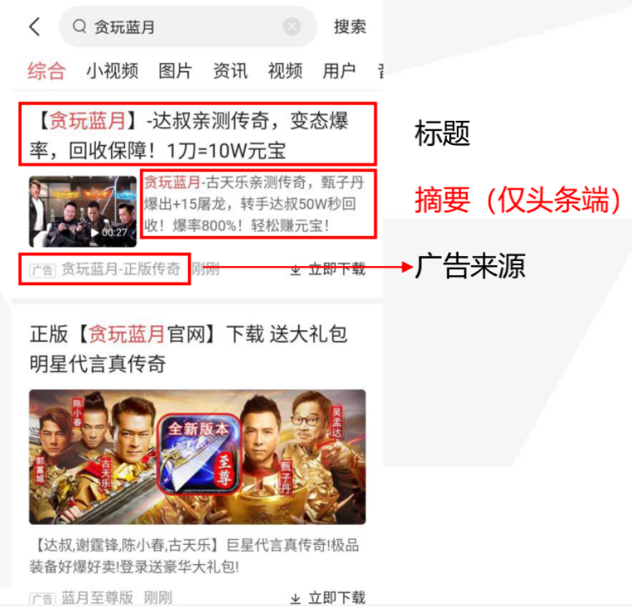 从2016年探索搜索技术开始，随后今日头条内置搜索引擎，到2019年8月上线搜索独立网页，再到今年2月上线“头条搜索”独立App，字节跳动不断布局搜索业务。  对于我们竞价员而言，虽然无需过多考虑字节跳动和百度之间的battle，但是面对一个新兴的搜索渠道，我们必须要对其有所了解。  所以，今天我们便从头条搜索的渠道特性、账户搭建要点和搭建实操这三方面来对其进行讲解。     头条搜索渠道特性 1、定位：通过商业关键词匹配定位技术，向表现商业需求的用户展示广告信息  2、付费方式：cpc、ocpc、ocpm，建议使用ocpm  3、展现位置  01. 抖音端：通常为3-10位和用户内容混排展现1条广告，游戏、教育、零售等行业品牌词流量下可通过“下载卡”和“精准广告”等样式展现在首位;  02. 头条端：多广告与用户内容混排，至多4条广告，前三位最多可出3条广告;  4、流量性别占比：抖音的人群男女比例接近1:1，头条的人群中男性用户占比更高  5、创意类型  01. 图文创意：大图、小图、组图、子链样式;  02. 视频创意：横板视频、竖版视频;  03. 抖音首位下载卡：无需配置，抖音品牌词流量下竞价胜出后自动生成;  04. 目前头条搜索广告支持图文素材+视频视频;抖音搜索广告只支持视频素材。  6、广告投放逻辑  01. 用户发起搜索请求-流量触达  02. 广告相关性-词与创意  影响相关性的要素：标题、摘要、广告来源     03. ECPM=转化出价* CTR*CVR*1000 CTR*CVR表现越好，展现位置越靠前  04. 广告胜出，在广告位展现  头条端，每10条内容最多4条广告;抖音端，1-10位  7、账户结构  广告账户——广告组——计划——关键词+创意     一个账户内广告组数<500 一个广告组内计划数≤500  全账户单日新建计划数≤500  一个计划内关键词数≤1000  一个计划内自定义创意数≤10  8、投放方式  01. 搜索独立账户投放  02. 信息流账户新建投放组(仅在新建广告组时，与搜索独立账户投放的操作有所不同，后续广告创建过程一致)     头条搜索账户搭建要点 1、计划  01. 至少搭建6条计划，根据业务特点来做划分  02. 计费方式选OCPM  03. 勿设置过多定向  04. 开启智选流量  05. 手动出价/优先跑量  06. 出价稍高于考核出价(建议1.2倍-1.5倍)  2、关键词  01. 每条计划1 00个关键词  02. 短词+广泛匹配拿量最强  03. 优先使用系统推荐的关键词  3、创意  01. 推荐选择自定义创意  02. 每条计划至少3条创意，视频&图文素材均需覆盖，后期再进行侧重优化;  03. 提升CTR&相关性：通配符、标题和文本摘要推荐工具、相关性检测工具     头条搜索账户搭建实操 1、创建广告组     01. 推广 >广告组 >点击“新建组” 02. 选择推广目的，支持以下三种推广目的：  应用下载：提升应用的下载、安装、激活、付费,适用于有手机客户端应用下载需求的广告主,支持“落地页”、“下载链接”两种下载方式  销售线索收集：提升销售线索的获取量，适用于希望通过落地页引导在线转化或线索收集的广告主  商品推广  03. 选择广告组类型-搜索广告(搜索独立账户可忽略此步骤)  04. 设置广告组预算、名称  2、创建广告计划  广告组设置完成后，点击下一步即可创建广告计划;  01. 投放范围：搜索广告范围为默认选项，不需要编辑     02. 投放目标 转化量：将广告投放给转化意愿高的用户(建议使用)  点击量：将广告投放给点击意愿高的用户  选择投放目标后，系统会向最有可能发生该目标行为的用户展示广告  03. 智选流量  智选流量是在oCPM/oCPC模式下的一种扩量方式，自动帮助计划扩展流量，摆脱买词烦恼(CPC投放不支持智选流量)     04. 用户定向 搜索广告有搜索词作为用户实时需求的强表征，仅建议推广业务有强定向需求，比如投放业务有强地域限制的广告主设置投放地域，其余广告主不建议设置过多用户定向  05. 出价方式：建议使用手动出价  06. 投放方式：建议使用优先跑量     07. 设置预算与出价： 投放目标是转化量，则付费方式为oCPC、oCPM，建议使用oCPM;  投放目标是点击量，则付费方式为CPC  08. 设置计划名称  3、创建关键词  广告计划设置完成后，点击“保存并新建关键词”即可进入创建关键词页面     01. 创建关键词 关键词创建支持四种方式：智能推荐、手工添加、系统推荐词包、本地上传关键词  02. 选择匹配方式  搜索广告支持精确匹配、短语匹配和广泛匹配三种匹配方式，推荐短语+广泛匹配，覆盖流量更多     03. 设置出价 仅投放目标为点击量，即付费方式为CPC时设置;付费方式为oCPC和oCPM的计划以计划出价为广告出价，无需设置关键词出价  4、新建创意  关键词设置完成后，点击“保存并新建创意”即可进入制作创意页面。  建议每条计划配置3条创意，2个视频素材和1个图文素材，后续可根据投放效果进行有针对性的优化。  01. 创意类型  支持大图、小图、组图、横版视频和竖版视频创意内容  抖音只支持视频素材  头条支持视频素材+图文素材  图文&视频直接复用在信息流上表现好的素材更容易起量  02. 创意内容及标题  创意内容和标题创建同信息流  搜索广告在信息流原有动态词包的基础上增加了关键词通配符  03. 创意摘要  添加创意摘要，获得更高点击率  文本摘要：呈现更多描述性营销信息  标签摘要：呈现更多结构化营销利益点  摘要仅在头条端展现  04. 高级创意  添加创意子链，获得更高点击率  新建子链：创建新子链并自动绑定该创意  选择已有：从子链库中选择子链子链仅在头条端展现